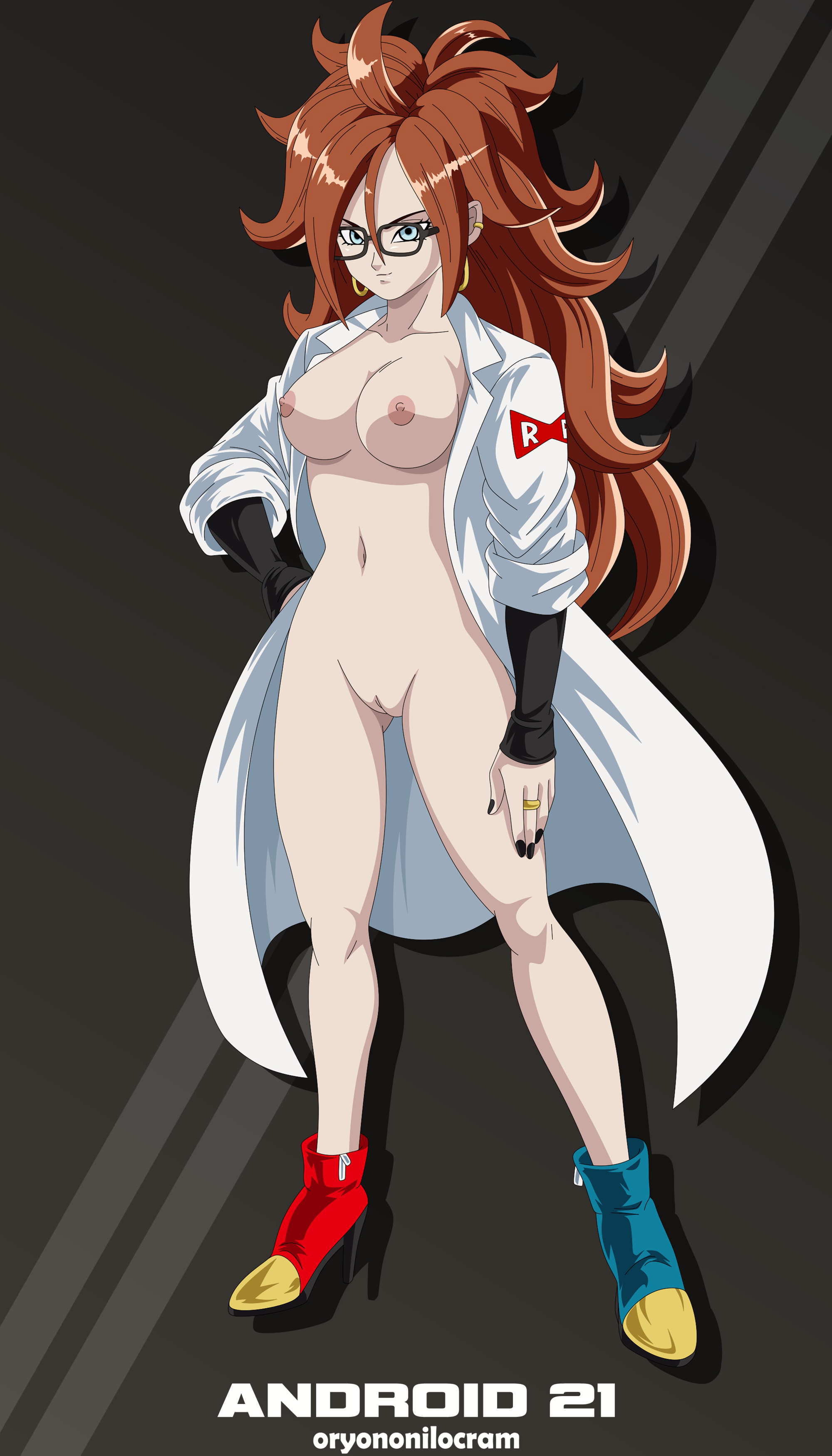 android 21, android 21 (human), breasts, dragon ball, dragon ball fighterz, female, glasses, naked footwear, oryononilocram, pussy, vagina
