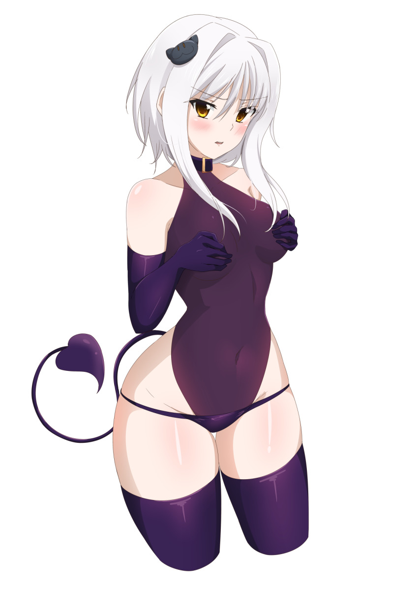 bare_shoulders black_gloves blush breasts cat_hair_ornament choker covered_navel covering covering_breasts cowboy_shot demon_girl demon_tail elbow_gloves eyebrows_visible_through_hair female female_focus gloves hair_between_eyes hair_ornament high_school_dxd highres koneko_toujou leotard lizta looking_at_viewer medium_breasts panties short_hair simple_background sleeveless solo succubus tail thighhighs underwear white_background white_hair yellow_eyes