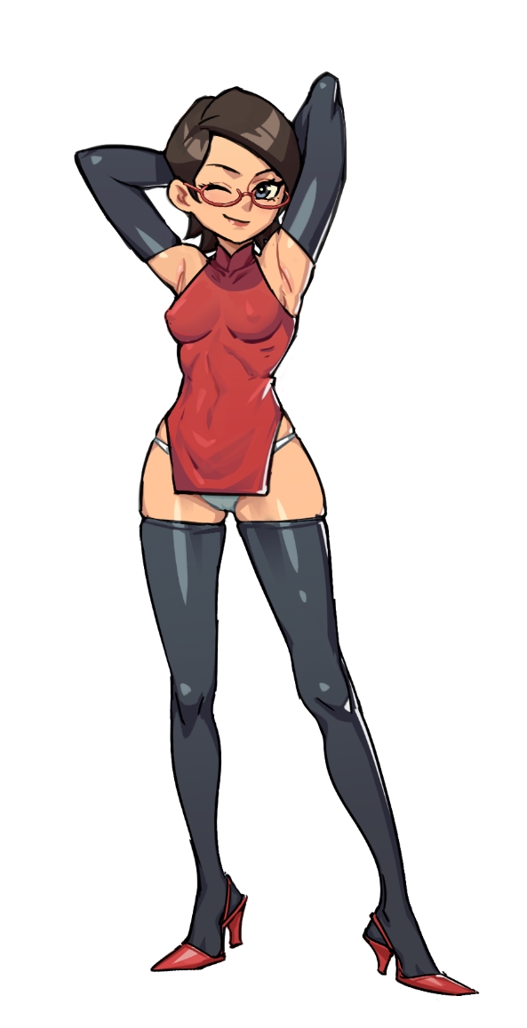 1girls, anime style, armpits, arms behind head, arms up, armwear, black hair, black legwear, blue eyes, boruto: naruto next generations, breasts, clothed, clothing, erect nipples, erect nipples under clothes, female, female focus, female only, footwear, fully clothed, g-string, glasses, heels, high heels, image, legs, legwear, light skin, light-skinned female, long legs, naruto, naruto (series), nipple bulge, nipples, one eye closed, panties, pears (artist), perky breasts, petite, pose, posing, realistic breast size, red heels, red high heels, sarada uchiha, short hair, shoulder length hair, shounen jump, small breasts, smile, smiling, solo, solo female, solo focus, standing, stiletto heels, teenager, thighhighs, thong, tight clothing, tight fit, white panties, white thong, wink
