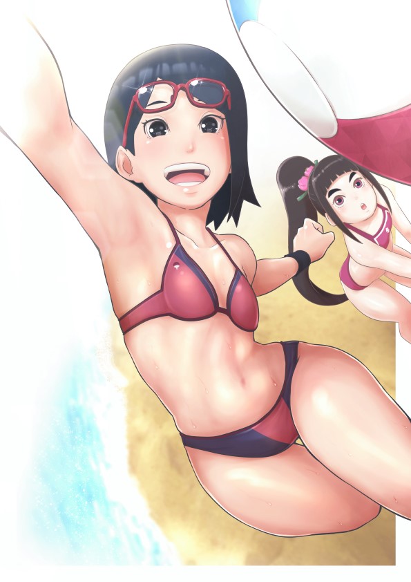 2girls alternate_version_available arched_back armpits bare_arms bare_shoulders bent_over bikini bikini_bottom bikini_top black_eyes black_hair blush boruto:_naruto_next_generations brown_hair clothed clothing eeshin_(eishin5584) female female_focus female_only flat_chest glasses glasses_on_head hair_flower hourglass_figure kurogane_tsubaki naruto naruto_(series) open_mouth pale-skinned_female pale_skin panties petite pink_eyes pinup ponytail purple_bikini purple_panties purple_swimsuit red_bikini red_panties red_swimsuit sarada_uchiha short_hair shounen_jump smile smiling swimsuit teenager thick_thighs thighs tied_hair voluptuous wide_hips