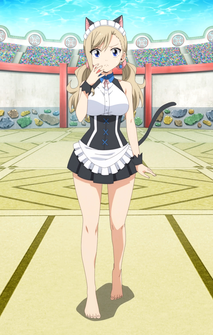 1girls, absurdres, animal ears, barefoot, blonde hair, blonde-haired female, blue eyes, breasts, cat ears, cat tail, edens zero, feet, female, full body, highres, large breasts, looking at viewer, monster girl, rebecca bluegarden, screenshot, solo, standing, stitched, tail, third-party edit