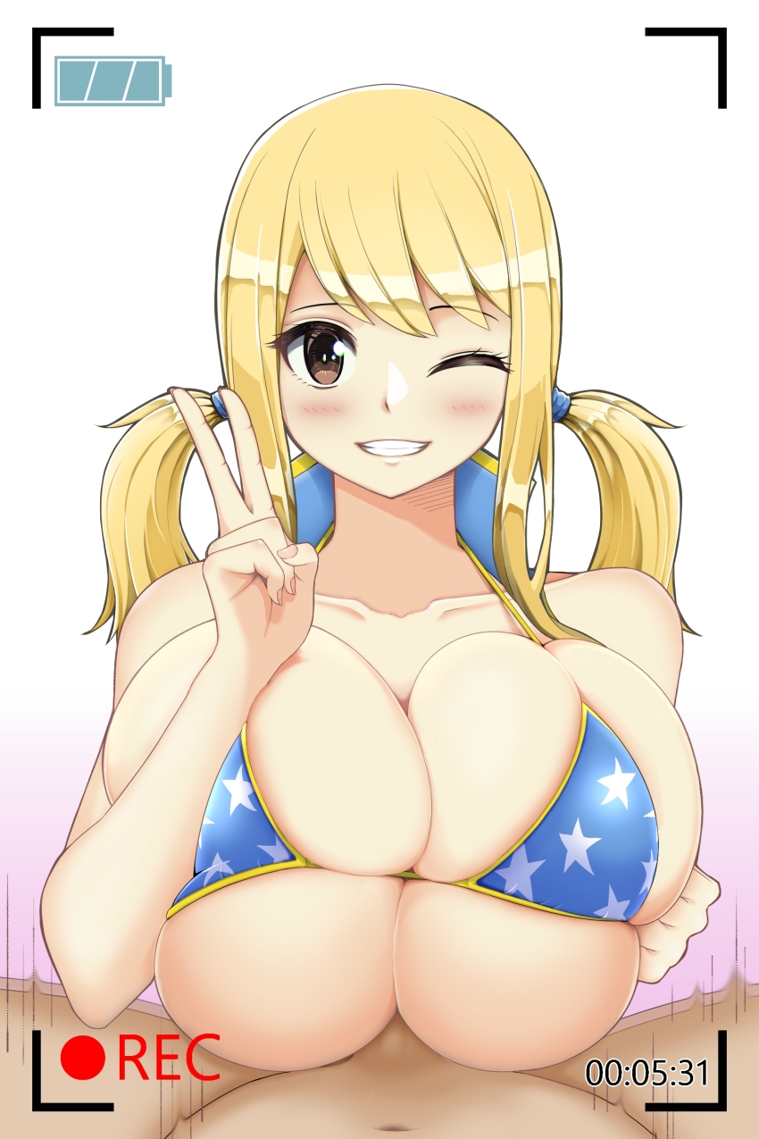 1boy absurdres alternate_breast_size bangs big_breasts bikini blonde_hair blush breasts brown_eyes camera cleavage collarbone fairy_tail female highres huge_breasts large_breasts long_hair looking_at_viewer lucy_heartfilia lying motion_lines on_back paizuri penis pov recording sakidesu smile star_(symbol) star_print straight swimsuit twintails uncensored v wink