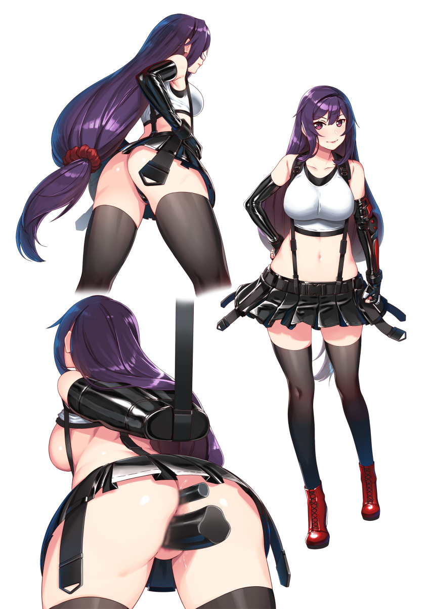 absurdres anal anal_object_insertion ass black_legwear breasts cosplay female final_fantasy final_fantasy_vii final_fantasy_vii_remake fingerless_gloves gloves hie_(hiememiko) hiememiko highres large_breasts long_hair object_insertion original purple_eyes purple_hair red_footwear restrained shoes skirt suspenders thighhighs thong tifa_lockhart tifa_lockhart_(cosplay) vaginal_object_insertion vaginal_penetration white_background