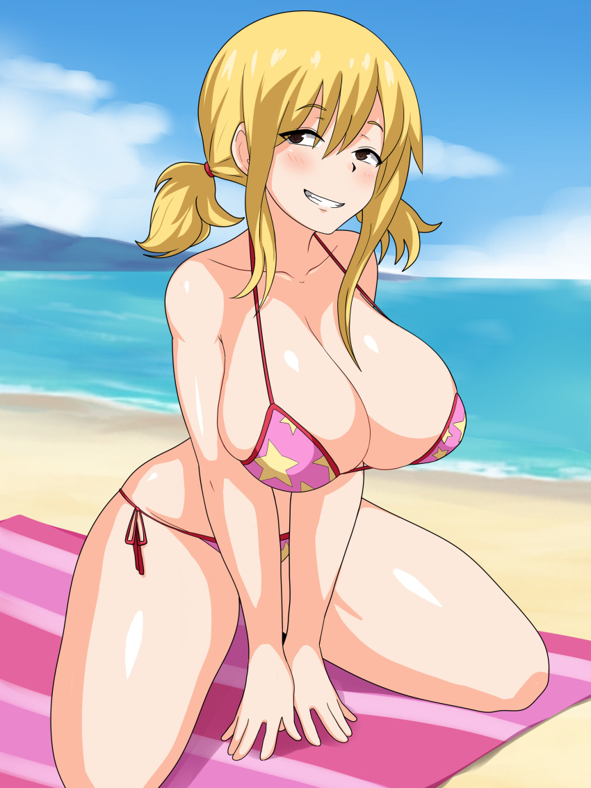 1girls absurdres beach bikini blonde_hair blush breasts brown_eyes cleavage fairy_tail female female_only hagarza_p highres huge_breasts kneeling large_breasts long_hair looking_at_viewer lucy_heartfilia naughty_face pink_bikini pose smile solo swimsuit towel twintails