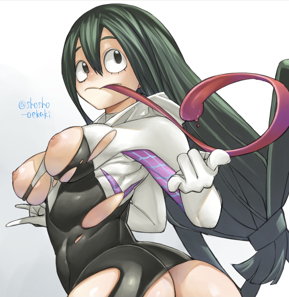 1girls, areolae, ass, big ass, big breasts, bikini, black eyes, breasts, cleavage, closed mouth, cosplay, costume, exposed ass, exposed breasts, female, female only, green eyes, green hair, light skin, light-skinned female, long hair, long tongue, looking back, low-tied long hair, marvel, marvel comics, medium breasts, my hero academia, nipples, no underwear, out-of-frame censoring, outfit, ponytail, round ass, shiny, shiny hair, shiny skin, shosho oekaki, shounen jump, solo, solo focus, spider-gwen (cosplay), spider-man (series), swimsuit, tongue, tongue out, torn clothes, tsuyu asui, upper body
