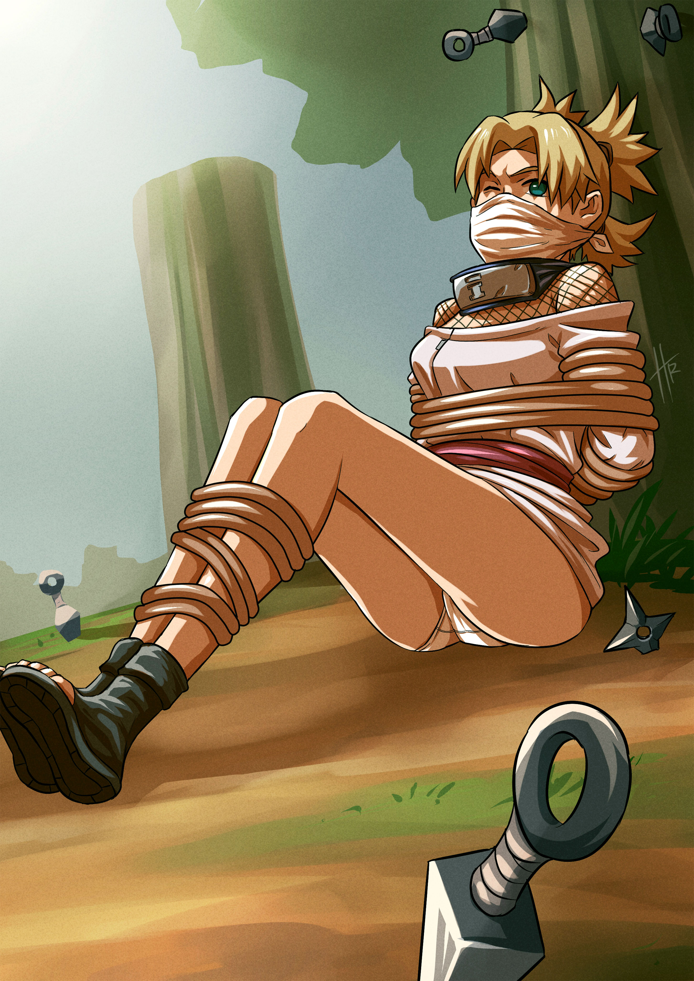 1girls, arms behind back, arms tied, ass, blonde hair, bondage, boots, clothed, clothing, dress, feet together, female, female focus, female only, femsub, fishnet, fishnet shirt, fishnets, footwear, fully clothed, gag, green eyes, hadiruto, legs tied, legs together, light skin, light-skinned female, mask, naruto, naruto (classic), naruto (series), one eye closed, open toe shoes, outdoors, outside, panties, petite, rope, rope bondage, shounen jump, sitting, solo, solo female, solo focus, spiky hair, teenager, temari, tied hair, toes, twintails, upskirt, white panties, yellow hair