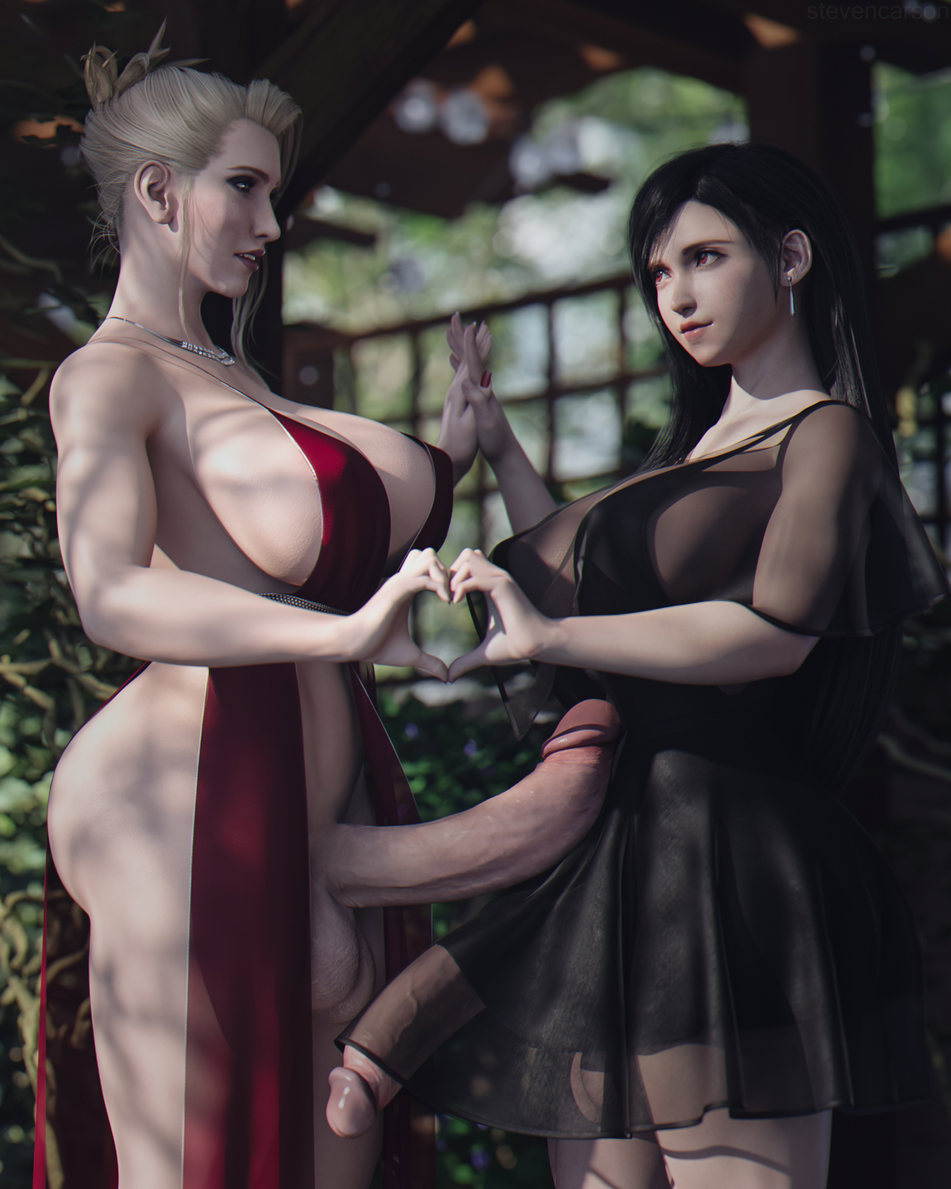 2futas, 3d, balls, big breasts, black hair, blonde hair, breasts, cleavage, erection, final fantasy, final fantasy vii, futa only, futa with futa, futanari, huge breasts, huge cock, ineffective clothing, intersex, large breasts, penis, scarlet (ffvii), stevencarson, testicles, tifa lockhart