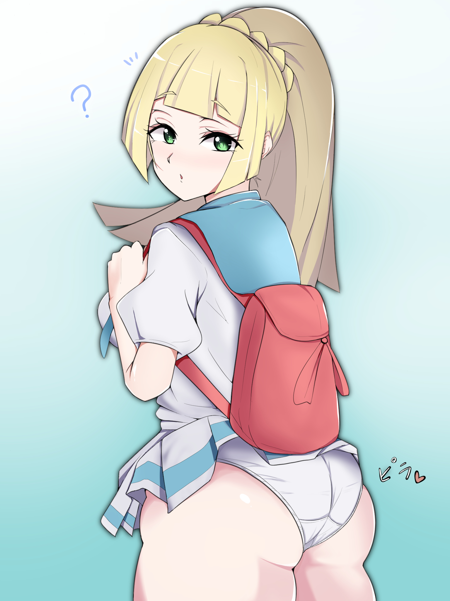 ?, 1girls, ass, blonde hair, breasts, eye contact, female, green eyes, kia-shi, lillie (pokemon), long hair, looking at viewer, looking back, nintendo, panties, pokemon, pokemon sm, ponytail, skirt lift, solo, standing, thick thighs