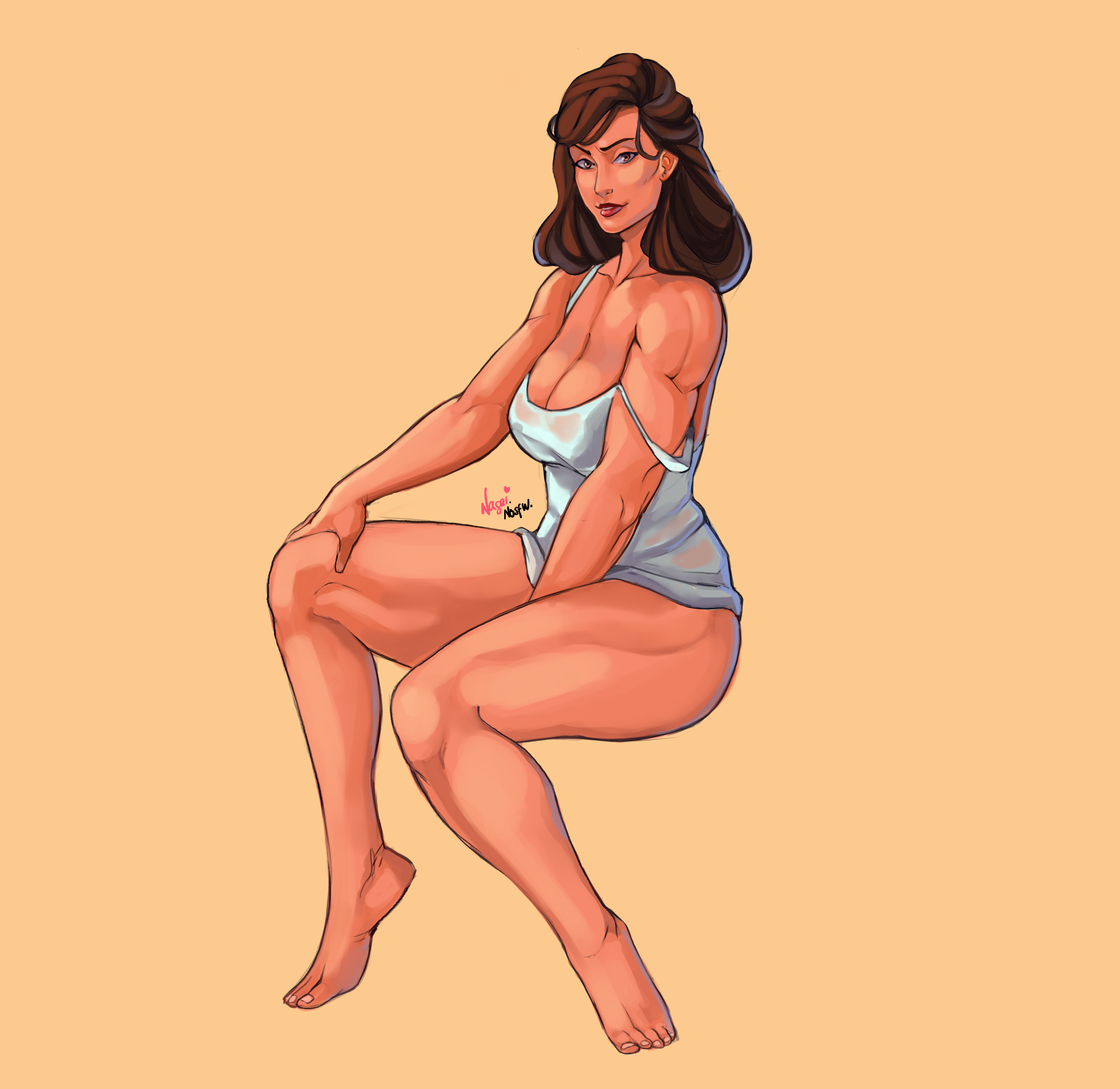 1girls, barefoot, breasts, brown eyes, brown hair, captain america (series), captain carter, cleavage, disney+, female, female only, large breasts, lipstick, long hair, looking at viewer, marvel, marvel cinematic universe, marvel comics, muscles, muscular, muscular arms, muscular female, nagainosfw, nightgown, off shoulder, peggy carter, plain background, seductive look, sitting, solo, solo female, what if...?