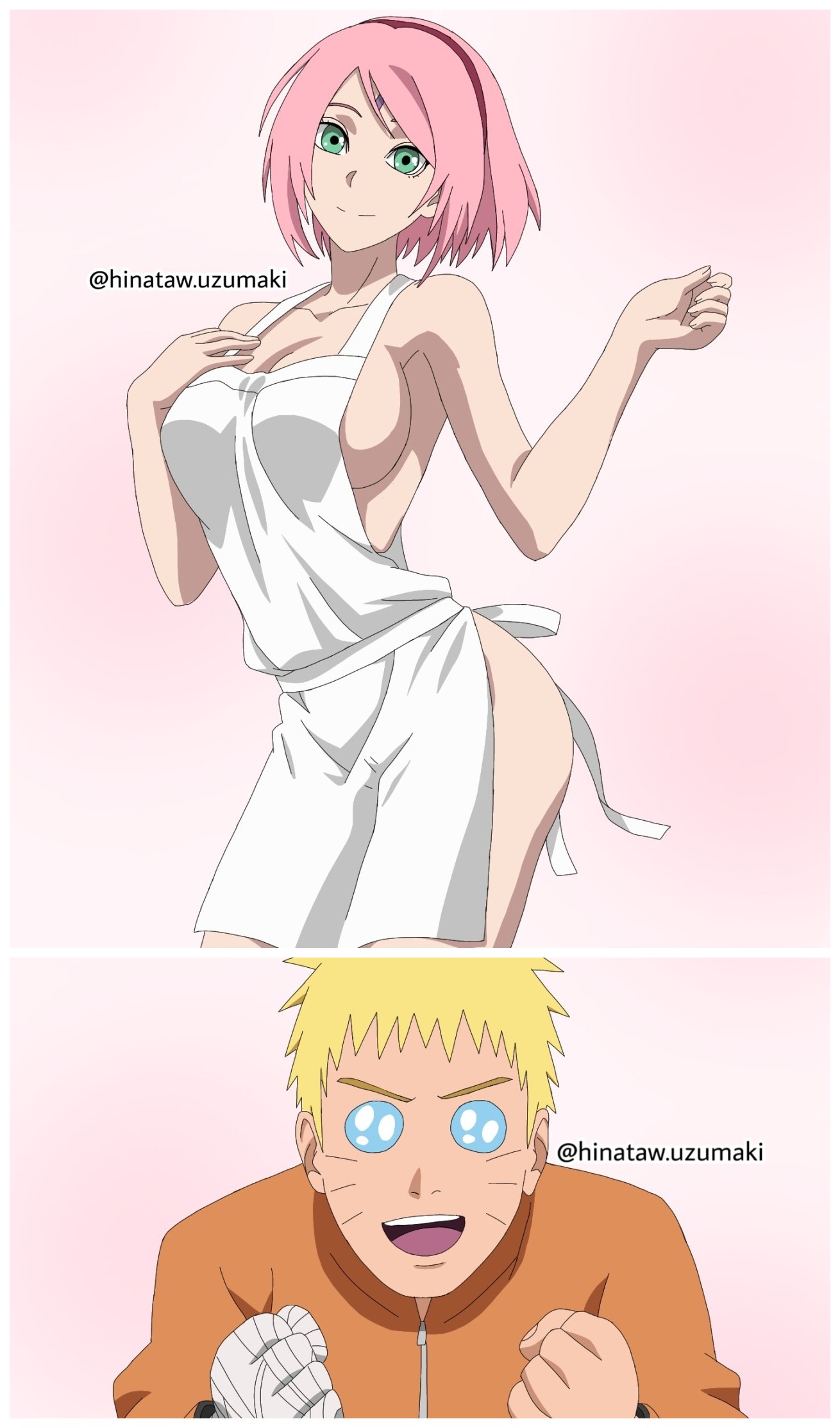 1boy, 1girls, apron, apron only, before sex, blonde hair, blue eyes, boruto: naruto next generations, breasts, cheating, cheating husband, cheating wife, cleavage, clothing, female, green eyes, hairband, long hair, looking at another, looking at partner, male, male/female, mostly nude, naked, naked apron, naruto, naruto (series), netorare, ntr, pink hair, sakura haruno, seducing, short hair, shounen jump, smile, straight, uzumaki naruto