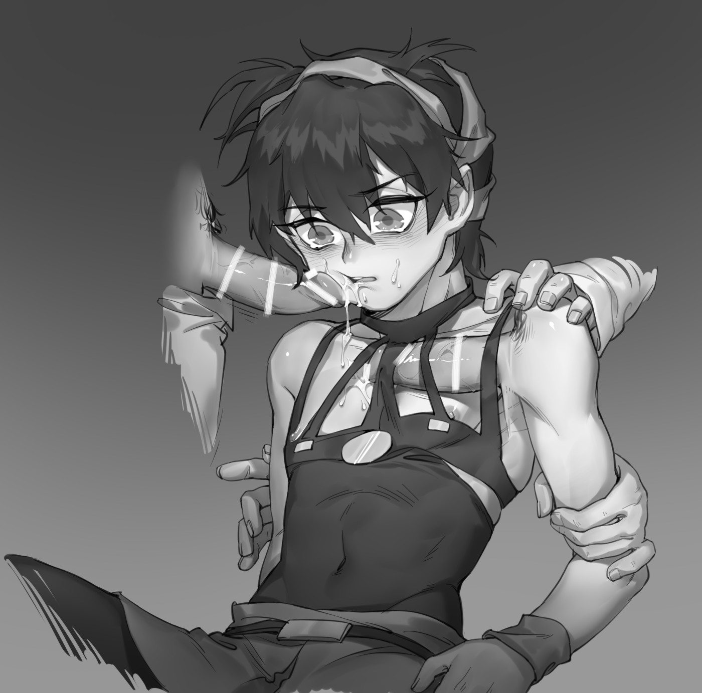 1boy, black hair, blush, censor bar, censored, cum, cum on face, femboy, gay, greyscale, iroha (artist), jojo's bizarre adventure, male, male only, monochrome, multiple boys, multiple males, narancia ghirga, nipples, penis, sweat, tight clothing, vento aureo