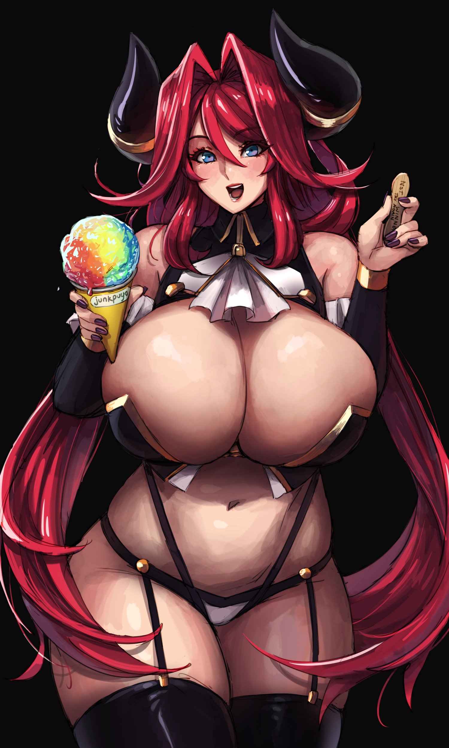 1girls, breasts, cleavage, female, female only, huge breasts, junkpuyo, solo, thick thighs, thighhighs, wide hips