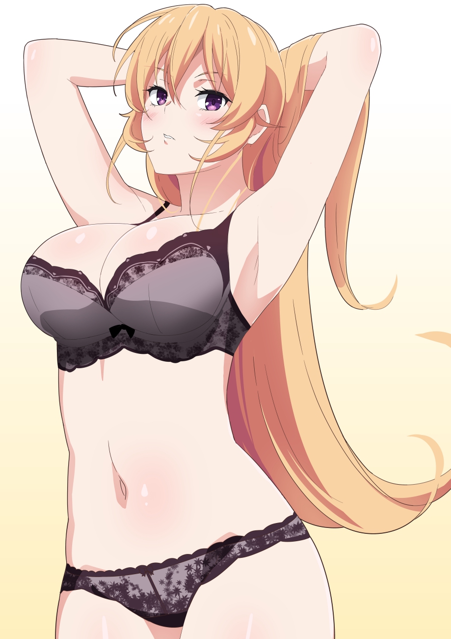 1girls arms_behind_head arms_up bangs black_bra black_panties blonde_hair blush bra breasts cleavage cowboy_shot female gradient gradient_background hair_between_eyes hands_in_hair highres lace lace-trimmed_bra lace_panties lace_trim large_breasts lingerie lizta long_hair looking_at_viewer mixed-language_commentary nakiri_erina navel no_pants panties parted_lips pinup purple_eyes shokugeki_no_souma solo underwear underwear_only very_long_hair