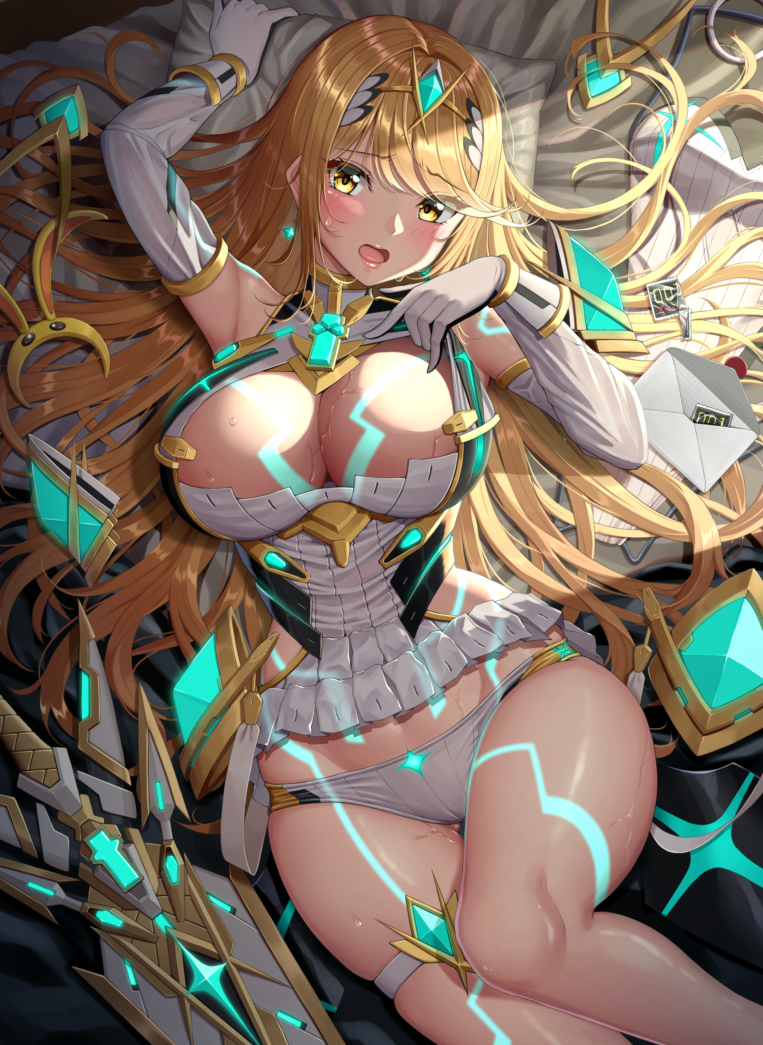 1girls, 2021, alternate breast size, armpits, arms up, bangs, bare legs, blonde hair, blush, blushing profusely, body markings, breasts, bunny hood, caught undressing, cleavage, cleavage cutout, condom wrapper, core crystal, detailed background, embarrassed, female, female focus, female only, gold eyes, hair ornament, hi res, huge breasts, lipstick, long gloves, long hair, looking at viewer, lying on back, lying on bed, mythra, nintendo, open mouth, panties, partially undressed, sexy armpits, smash bros invitation, sssemiii, sweat, sweaty body, swept bangs, sword, thick thighs, thigh strap, thighs, tiara, weapon, wet, white clothing, white panties, xenoblade (series), xenoblade chronicles 2