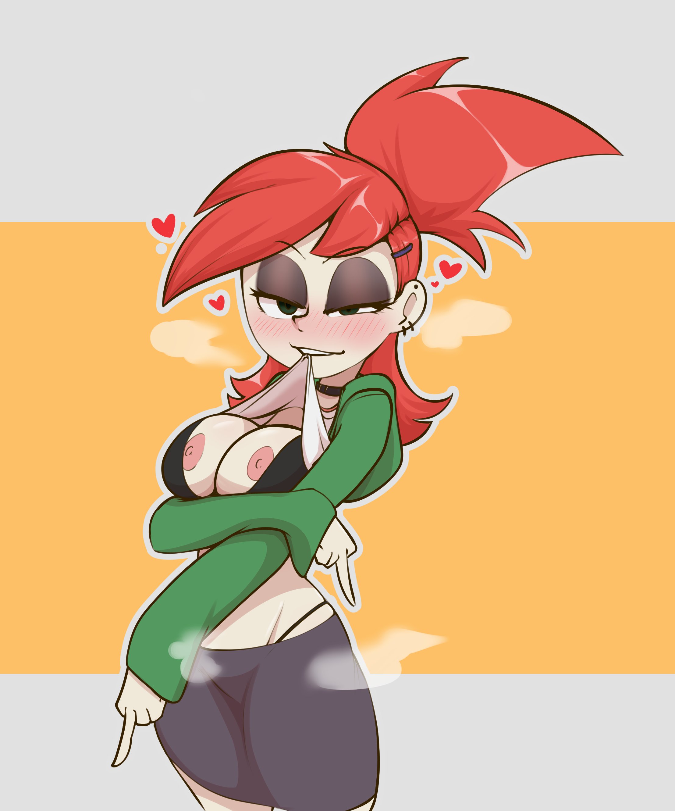 1girls, areolae, blush, bra, breasts, breasts out, cartoon network, choker, earrings, eyeshadow, female, female only, foster's home for imaginary friends, frankie foster, green eyes, half-closed eyes, looking at viewer, middle finger, mossyartburger, nipples, ponytail, red hair, seductive, seductive look, seductive smile, shirt in mouth, shirt lift, shirt up, skirt, smile, solo, thong, tied hair, whale tail