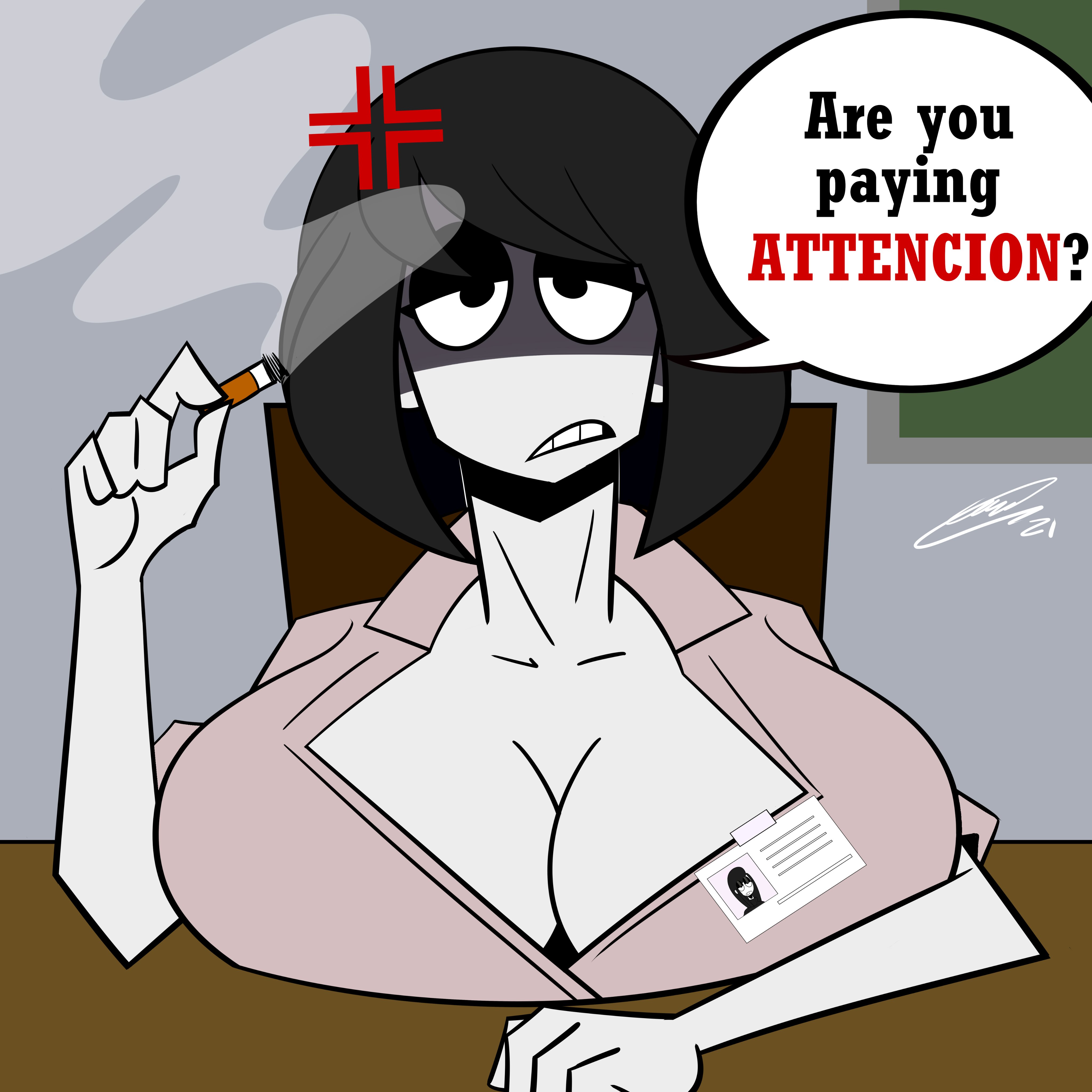 2021, big breasts, black hair, breasts, breasts on table, cigarette, cleavage, desk, engelfaulig, female, goth, huge breasts, revealing clothes, short hair, smoke, speech bubble, teacher, teacher outfit, veronica (saltynoodles), white skin