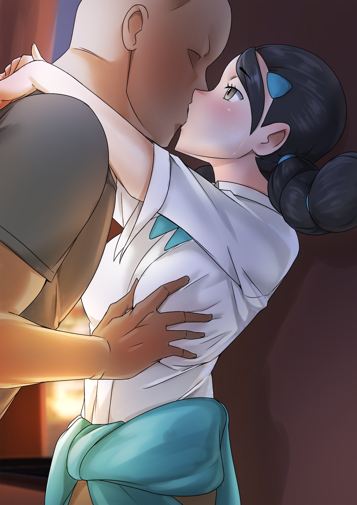 1boy, 1girls, atramada1, black hair, brown eyes, candice (pokemon), dark skin, dark-skinned male, female, groping, kissing, light skin, light-skinned female, long hair, male, nintendo, nipples, pale skin, pale-skinned female, pokemon, pokemon dppt