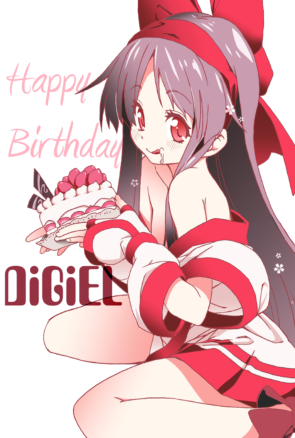 1girls ainu_clothes artist_name birthday birthday_cake black_hair breasts cake cleavage eating female female_only fingerless_gloves food gloves hair_ribbon king_of_fighters legs long_hair looking_at_viewer medium_breasts nakoruru red_eyes ribbon samurai_shodown sitting smile snk solo thighs tongue tongue_out weapon