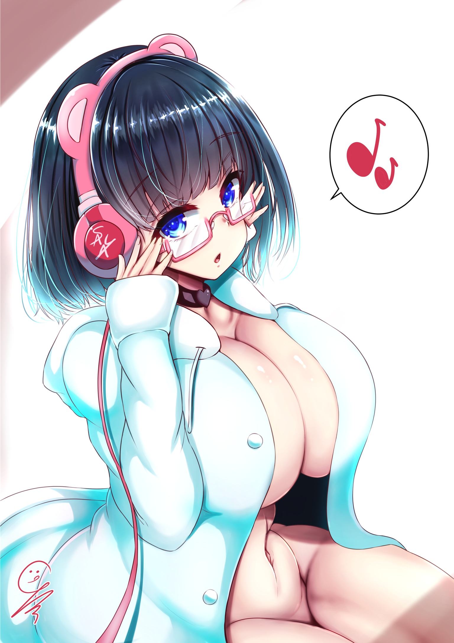 1girls, ass, belly button, blue eyes, breasts, busty, child bearing hips, choker, clothing, covered nipples, curvaceous, curvy, exhibitionism, female, female focus, female only, glasses, headgear, headphones, heart, heart choker, hoodie, hoodie only, huge breasts, inviting, koburakko, looking at viewer, no bra, no panties, no underwear, revealing clothes, seductive, short hair, skimpy, solo, solo female, suggestive, thick thighs, voluptuous, wide hips