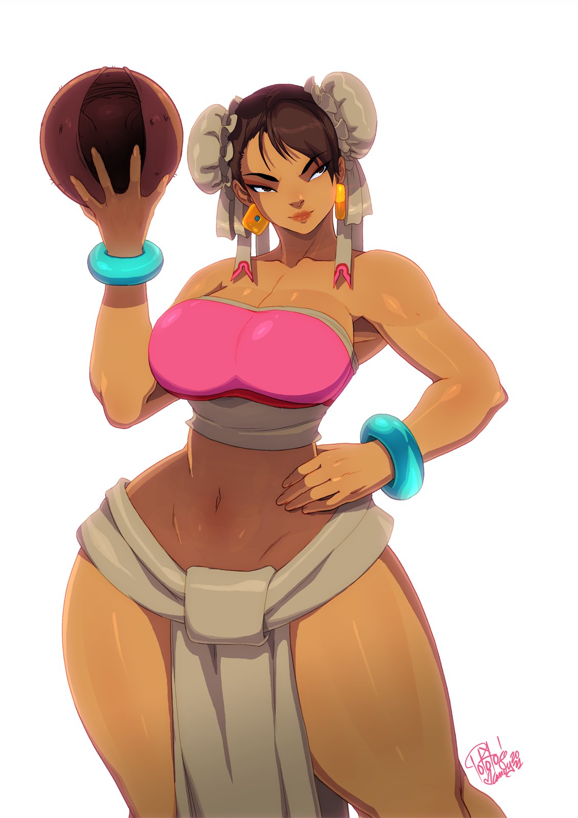 1girls alternate_skin_color armpits ball bare_shoulders belly belly_button big_hips big_thighs bracelet bracelets brown_hair capcom chel_(cosplay) chun-li closed_mouth cosplay cowboy_shot curvaceous curvy earrings female hand_on_hip hand_up holding_ball huge_hips lips loincloth looking_away navel solo strapless street_fighter the_road_to_el_dorado thick_thighs thighs thunder_thighs tovio_rogers white_background wide_hips