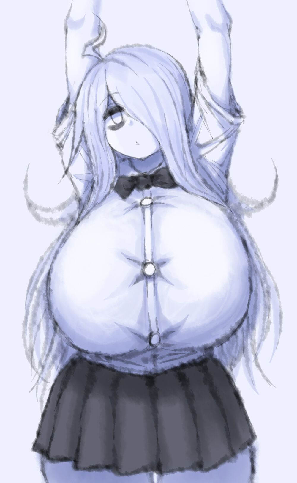 2b213, ahoge, breasts, button down shirt, clothed, eye bags, female, hair over one eye, huge breasts, human, long hair, mei (2b213), skirt, solo
