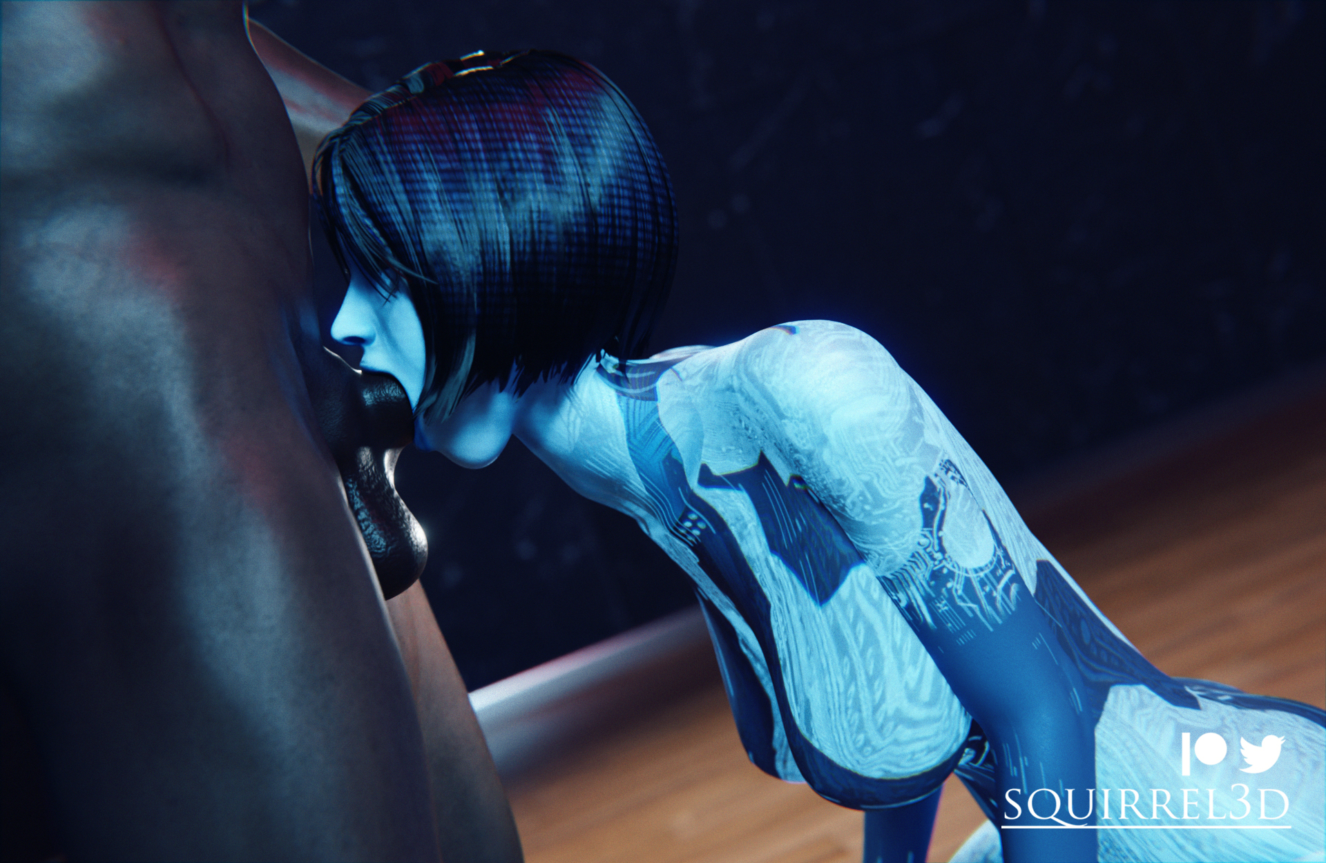1boy, 1girls, 3d, all the way to the base, artificial intelligence, black hair, blue skin, breasts, cortana, dark blue hair, dark skin, dark-skinned male, deepthroat, fellatio, female, halo (series), interracial, kneeling, male, medium hair, oral, oral sex, squirrel3d, throat bulge, throat fuck, tight throat