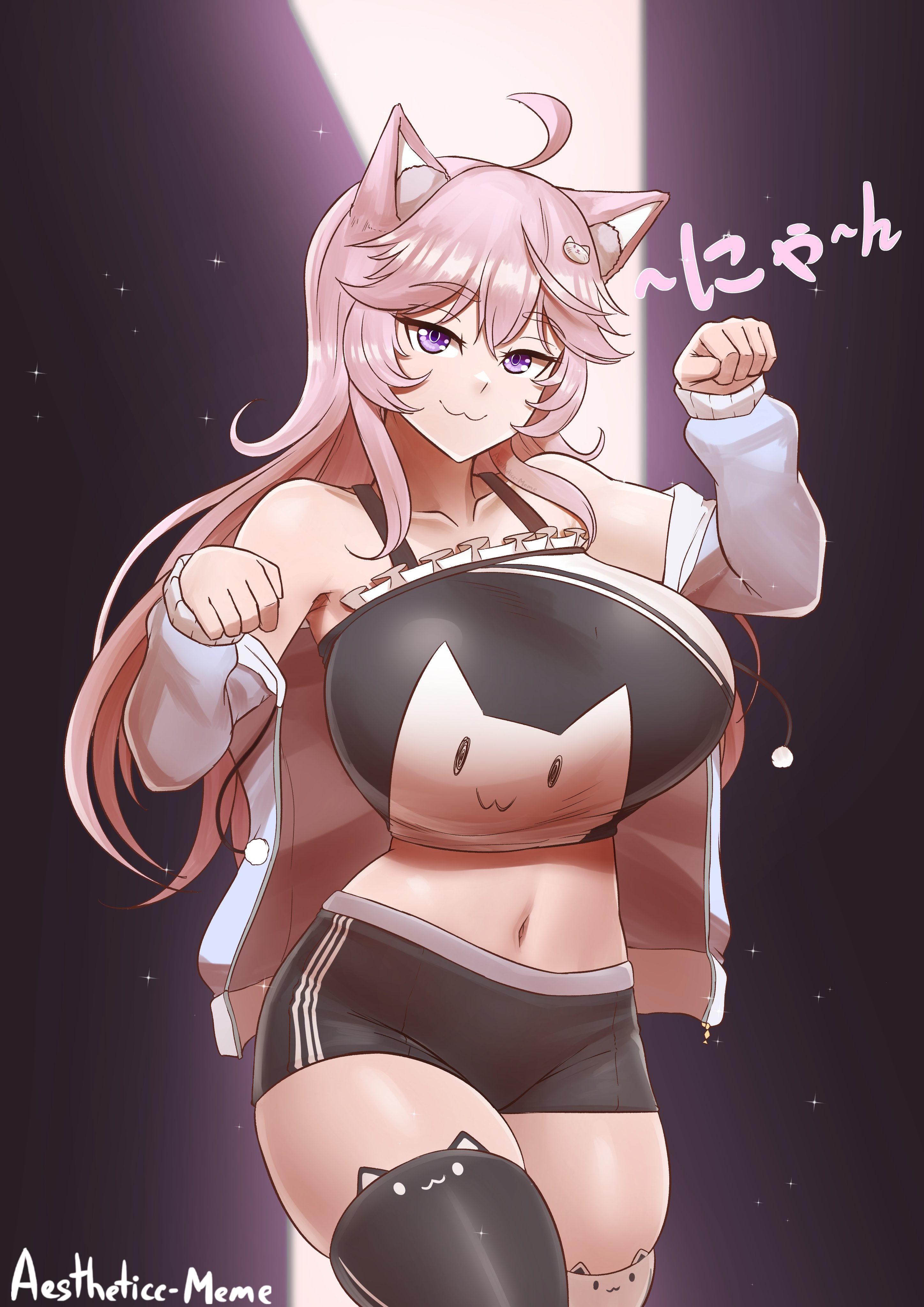 1girls, aestheticc-meme, alley, arms up, breasts, cat ears, female, fully clothed, hair ornament, indie virtual youtuber, jacket, large breasts, looking at viewer, nyatasha nyanners, paw pose, pink hair, purple eyes, short shorts, shorts, slender waist, smile, solo, thighhighs, virtual youtuber