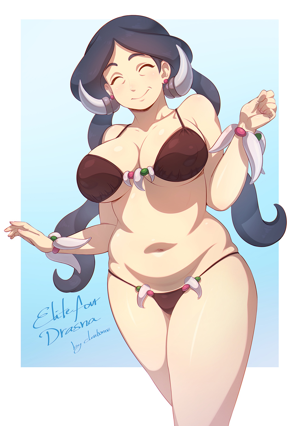 1girls, big breasts, bikini, bracelets, breasts, chubby, chubby belly, chubby female, closed eyes, cloudxmoe, drasna (pokemon), earrings, elite four, female, happy, mature female, nintendo, nipples visible through clothing, older female, pokemon, pokemon xy, puffy nipples, tummy, twintails