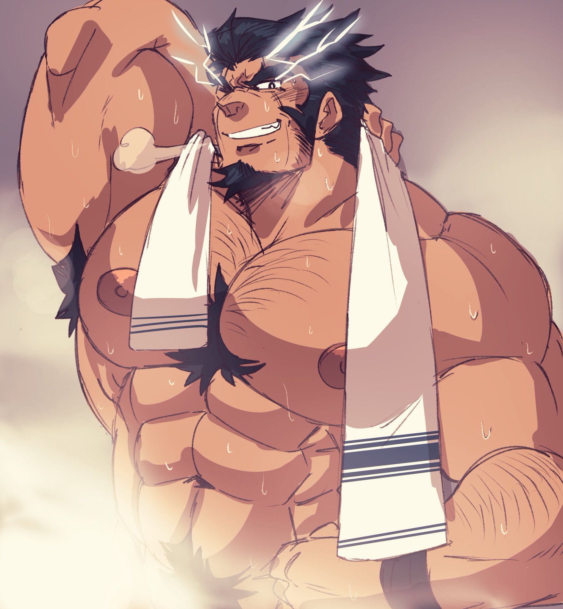 1boy, abs, arm behind head, arm up, armpit hair, armpits, bara, beard, biceps, big areola, big biceps, big eyebrows, big muscles, big pecs, black hair, body hair, bracelet, bushy eyebrows, chest hair, chest tuft, danganronpa, danganronpa 2: goodbye despair, dilf, exhaling, facial hair, goatee, hairy armpits, hairy arms, hairy chest, hand on hip, huge pecs, human, juggermelon, light skin, light-skinned male, looking at viewer, male, male chest, male focus, male nipples, male only, masculine male, mature, mature male, muscles, muscular, muscular arms, muscular chest, muscular male, navel, nidai nekomaru, nipples, pecs, pectorals, pubes, pubic hair, short hair, sideburns, simple background, six pack, smile, smirk, solo, solo focus, solo male, steam, sweat, sweatdrop, sweating, sweaty, thick eyebrows, towel, towel around neck, tuft, wet, wet skin, yaoi