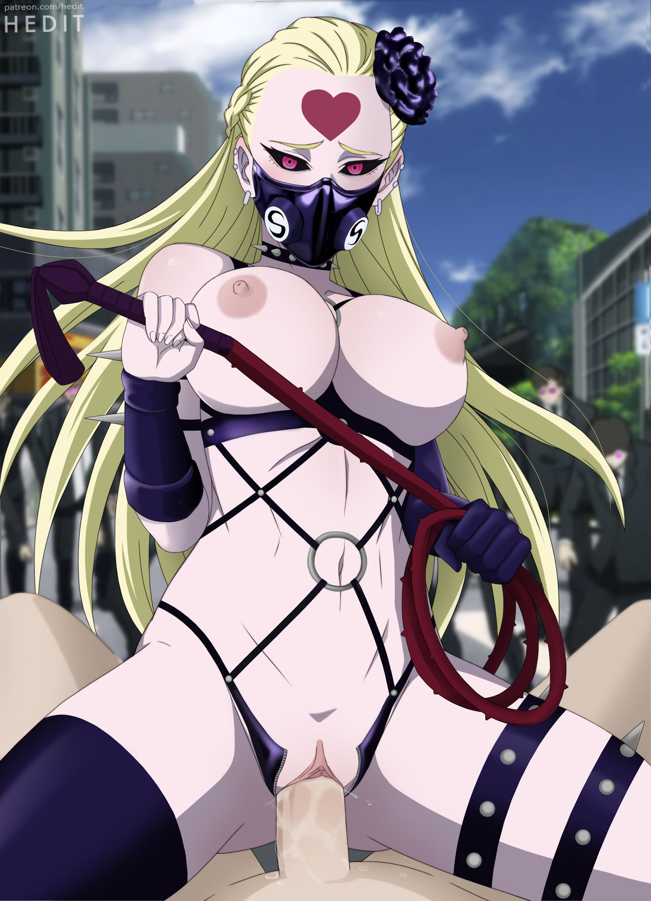 1boy, 1girls, big breasts, breasts, cowgirl position, female, hedit, kaijin hime do-s, looking at viewer, male, male penetrating female, male pov, masked, masochism, nipples, one-punch man, outdoors, penis, pov, pussy, sex, spread legs, uncensored, vaginal penetration, whip