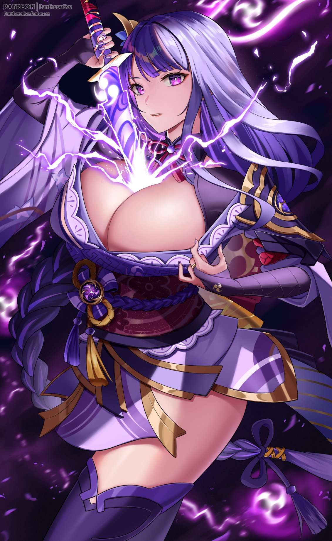 1girls between_breasts braid breasts busty cleavage clothing electricity genshin_impact hi_res huge_breasts kimono mole mole_under_eye pantheon_eve purple_eyes purple_hair raiden_shogun sword thighhighs weapon