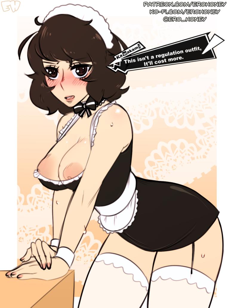 blush, breasts, breasts out, breasts out of clothes, dialogue, erohoney, female, large breasts, maid, persona, persona 5, sadayo kawakami
