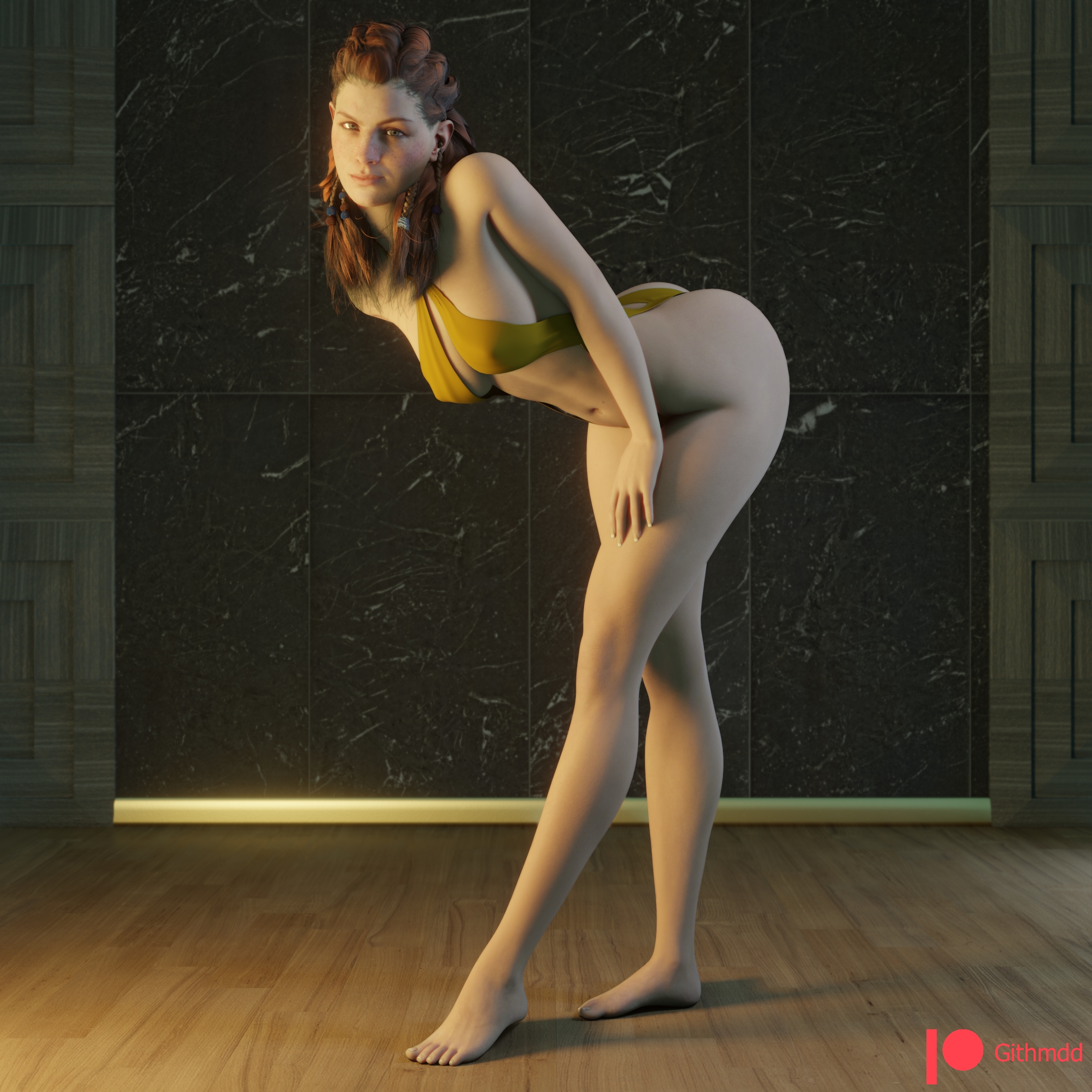 1girls, 3d, 3d (artwork), 3dx, aloy, barefoot, feet, female, female only, female protagonist, french nails, game cg, gamer girl, githmdd, horizon, horizon zero dawn, patreon, patreon reward, red hair, solo