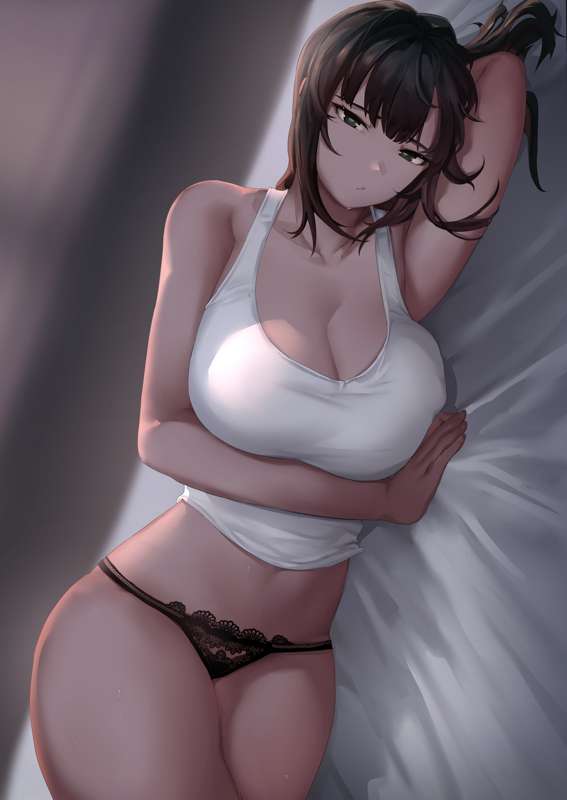 1girls big_ass big_breasts big_butt black_hair black_underwear crop_top female naoko-san naoko_(9113419) thick_legs thick_thighs white_bed_sheet