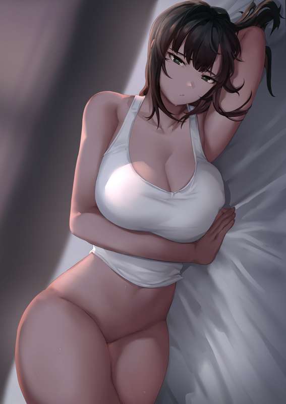 1girls big_ass big_breasts big_butt black_hair crop_top female naoko-san naoko_(9113419) no_bra no_panties thick_legs thick_thighs white_bed_sheet