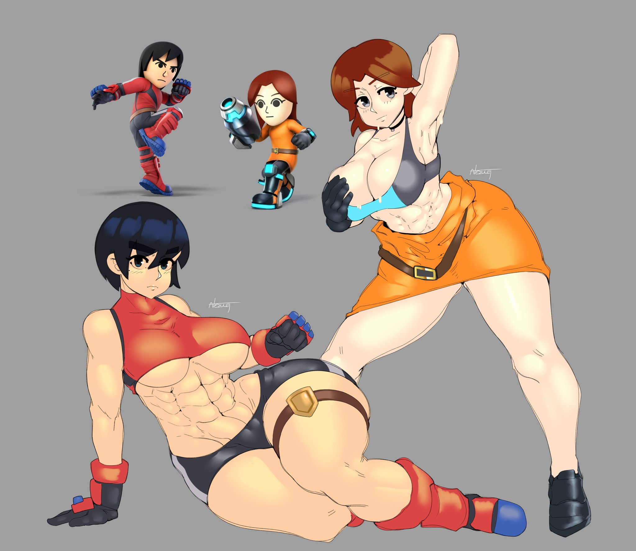 2girls, abs, big breasts, black eyes, black hair, breasts, brown hair, cleavage, female, female only, grey eyes, hand on breast, legs, mii, mii brawler, mii gunner, mii gunner (smash 4), mob face, muscular, muscular female, nezulet, nintendo, rule 63, short hair, simple background, sports bra, sportswear, super smash bros., super smash bros. for nintendo 3ds and wii u, super smash bros. ultimate, tagme, thick thighs, tomboy, underboob