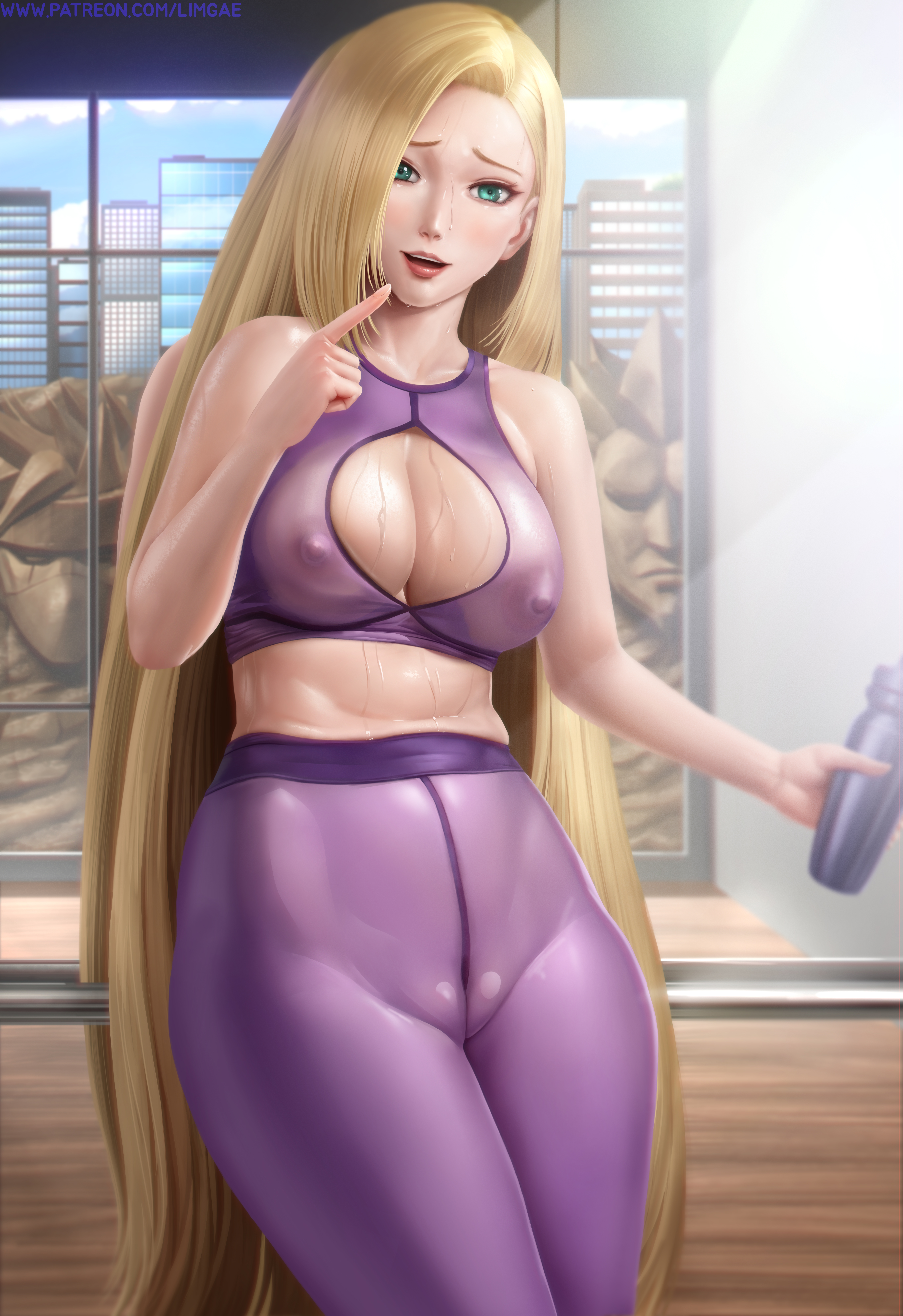 :d, 1girls, absurdres, aqua eyes, artist name, blonde hair, blush, breasts, building, cameltoe, cityscape, cleavage, clothed female, erect nipples, erect nipples under clothes, female, female only, gym clothes, high resolution, highres, indoors, ino yamanaka, landscape, large breasts, limgae, looking at viewer, mature, mature female, milf, naruto, naruto (series), naruto shippuden, naruto: the last, nipples, open mouth, pussy, see-through, see-through clothing, smile, solo, sweat, url, very high resolution, very long hair, wet, window, yoga pants