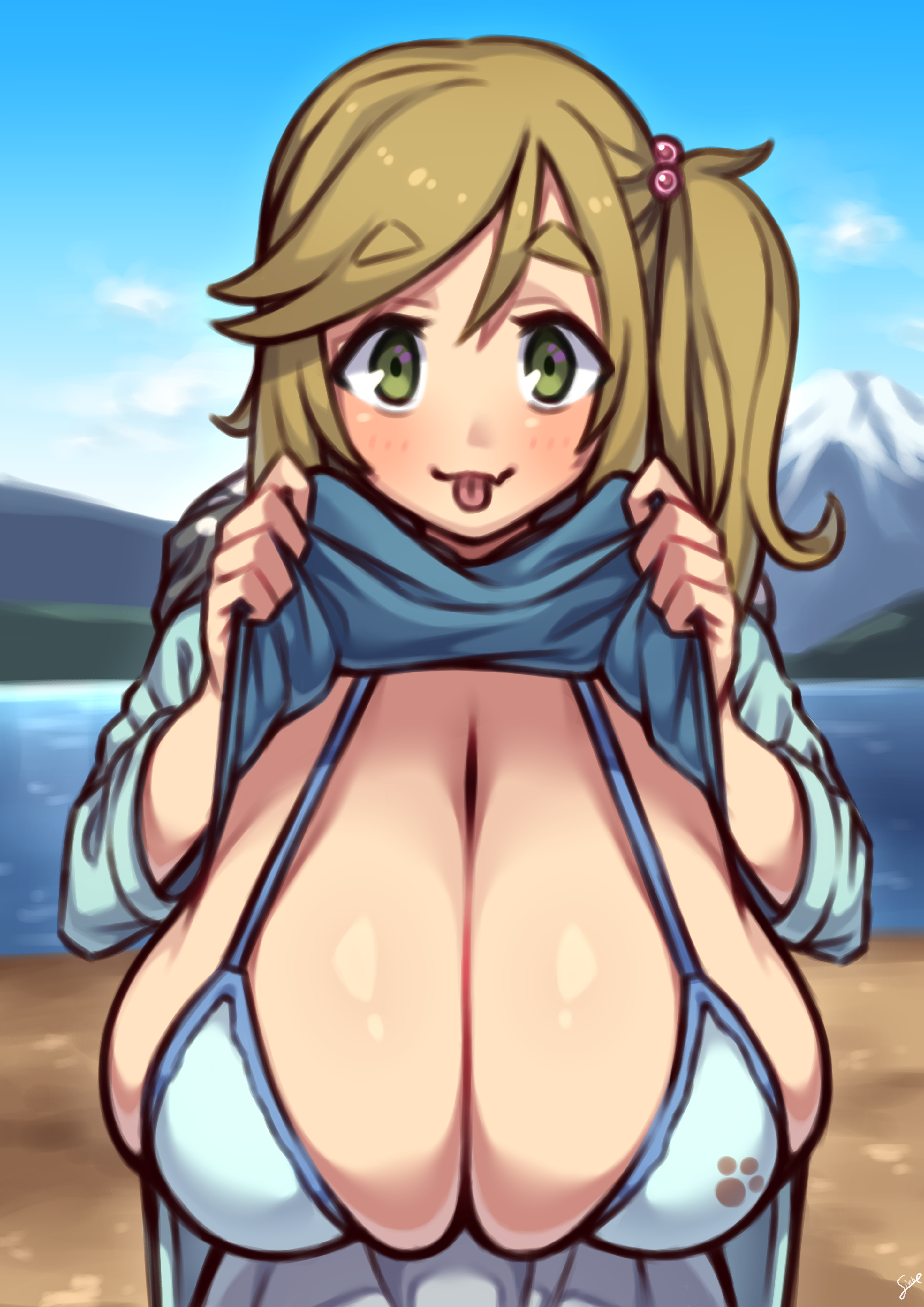 1girls, absurdres, big breasts, bra, breasts, cleavage, coffeelove68, day, female, female only, highres, huge breasts, inuyama aoi, looking at viewer, shirt lift, solo, standing, tagme, tongue, tongue out, yurucamp