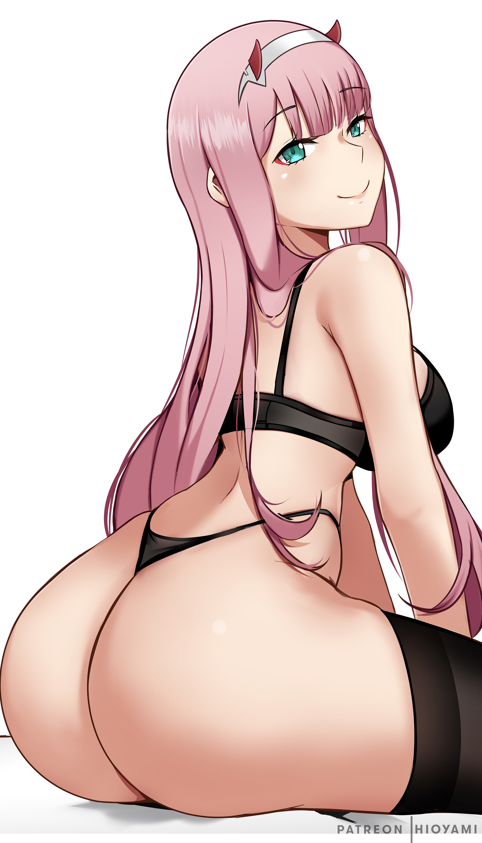 1girls, aqua eyes, ass, big ass, big butt, bra, breasts, darling in the franxx, eye contact, female, hioyami, horns, large ass, looking at viewer, sitting, thick ass, thick thighs, thighhighs, thighs, thin waist, thong, underwear, white background, zero two (darling in the franxx)