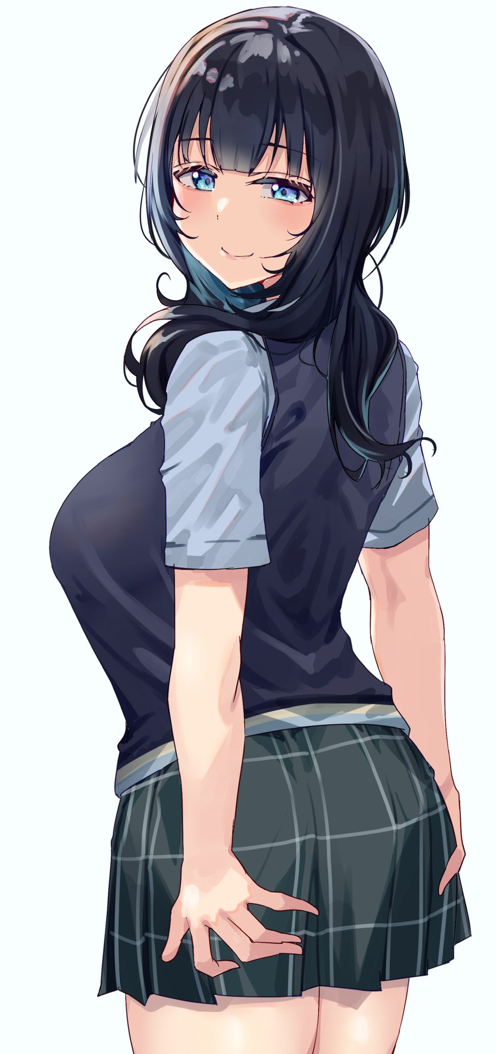 asaka_karin blue_eyes blue_hair blush breasts cute fat_ass groping japanese looking_at_viewer love_live! love_live!_nijigasaki_high_school_idol_club school_uniform skirt smile thick_thighs yamasonson