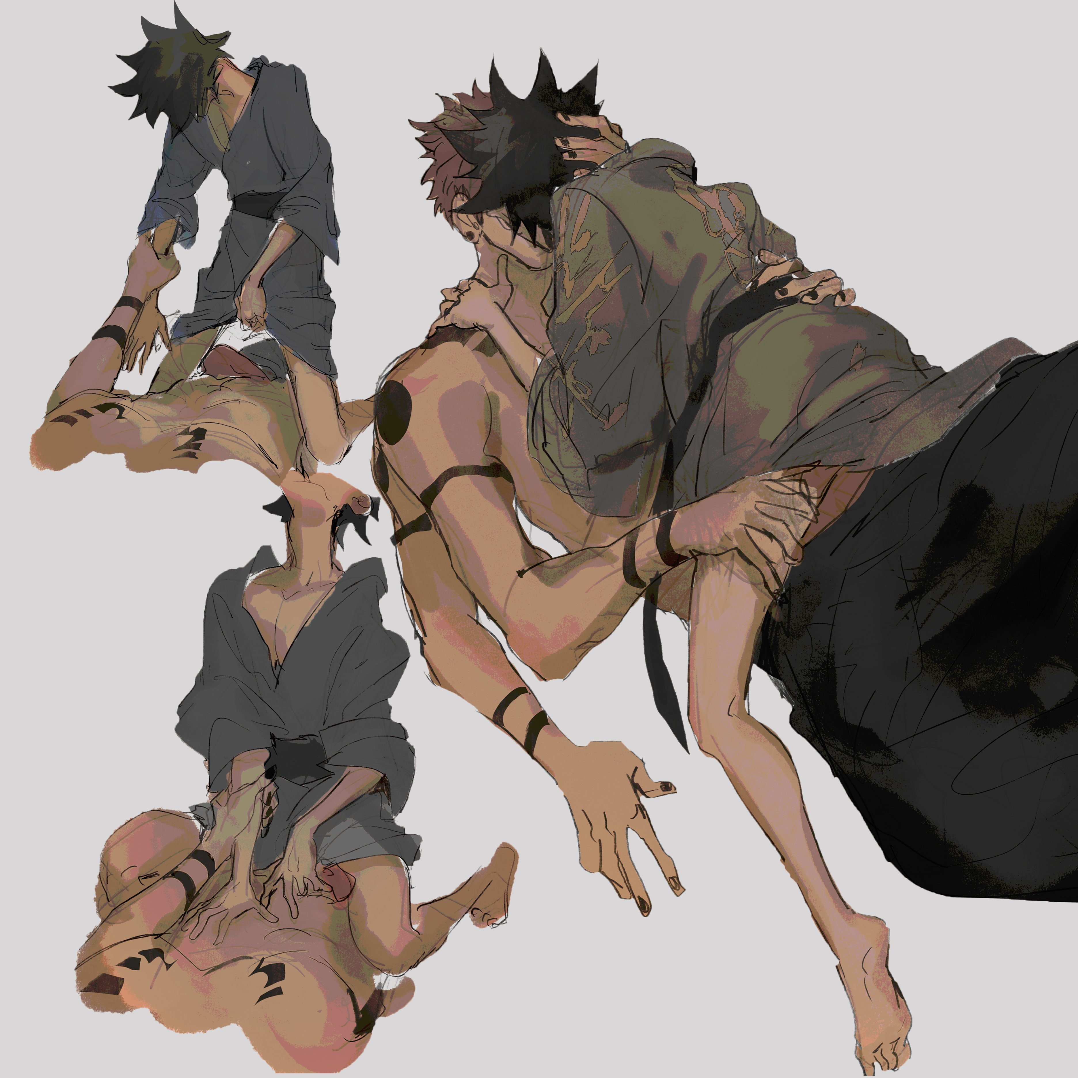 140wwwei, 2boys, arm grab, arm tattoo, ass, black hair, black nails, chest tattoo, couple, fushiguro megumi, gay, hand on another's head, height difference, japanese clothes, jujutsu kaisen, kimono, kissing, leg grab, male, male focus, male only, male/male, multi arm, multi limb, multi mouth, multiple boys, multiple males, muscular, muscular male, nail polish, pink hair, ryoumen sukuna (jujutsu kaisen), short hair, short kimono, shoulder tattoo, size difference, spiked hair, straddling, tattoo, topless male, undercut, yaoi
