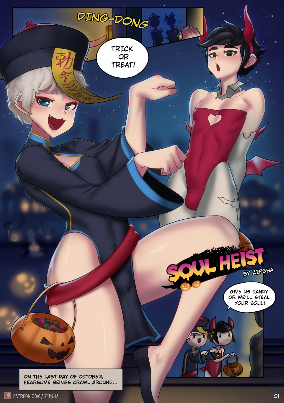 2020, 3boys, bare legs, black hair, bulge, clothed, clothing, comic, costume, dialogue, dress, duo focus, femboy, halloween, hat, horns, horns hairband, human, isaac (zipsha), jiangshi, light skin, light-skinned male, male, male only, pelvic curtain, short hair, standing, text, white hair, zipsha