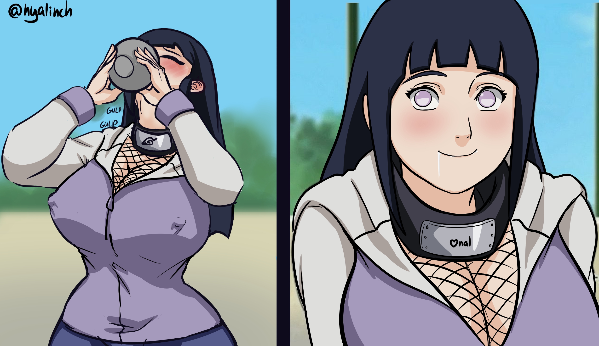 1boy, 1girls, ass, big ass, big breasts, big butt, blush, breasts, cum, cum in container, cum in mouth, cum on face, curvaceous, curvy, curvy figure, drinking, drinking cum, erect nipples, erect nipples under clothes, female, hourglass figure, huge ass, huge breasts, hyuuga hinata, male, meowlinch, naruto, naruto (series), naruto shippuden, nipples, smile, swallowing, swallowing cum, uzumaki naruto, voluptuous