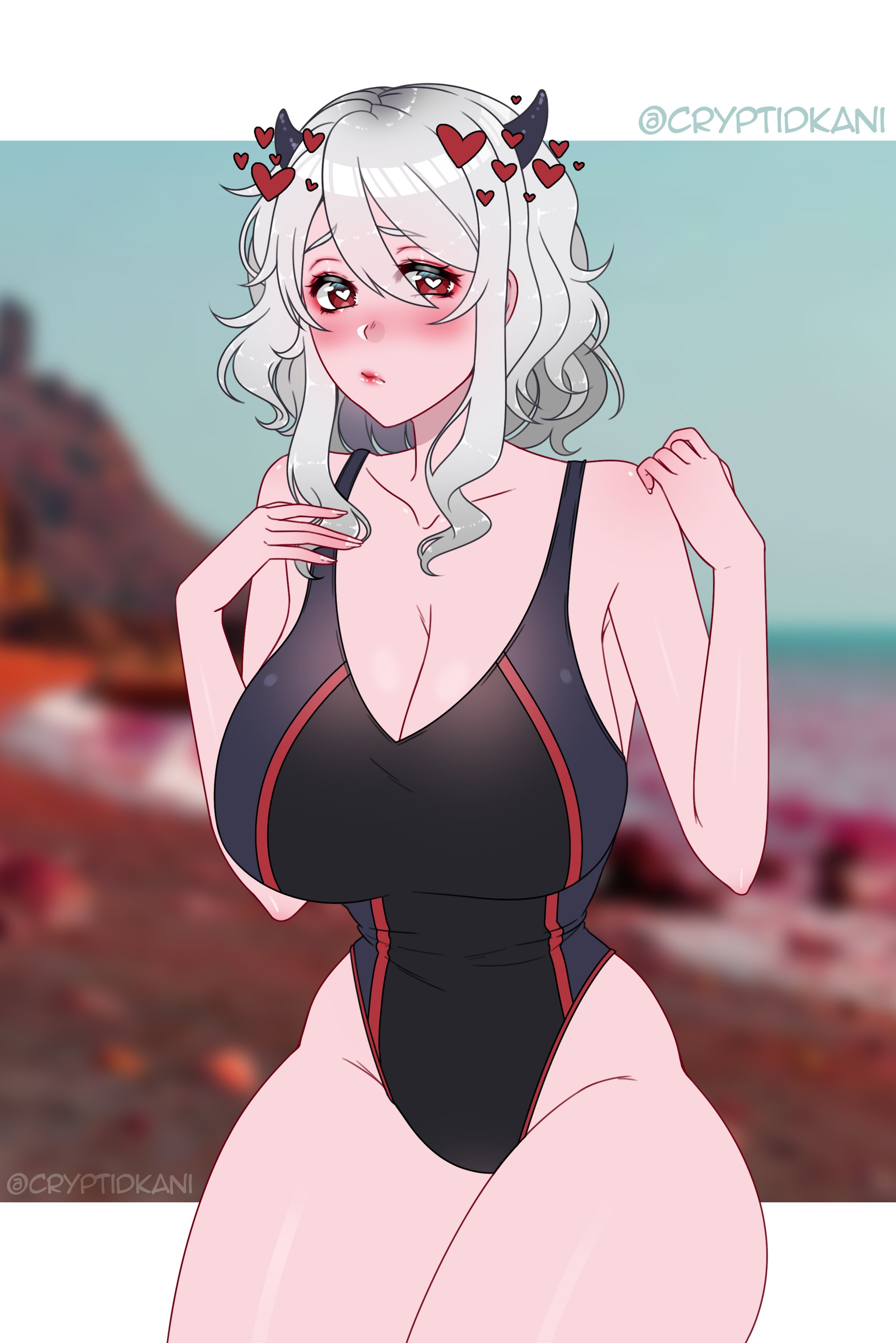 1girls, bare thighs, black swimsuit, blush, breasts, cleavage, cryptid crab, demon, demon girl, female, hair between eyes, heart-shaped pupils, helltaker, horns, large breasts, looking at viewer, massive breasts, medium hair, modeus (helltaker), one-piece swimsuit, red eyes, red skin, silver hair, solo, straight hair, swimsuit, thick thighs