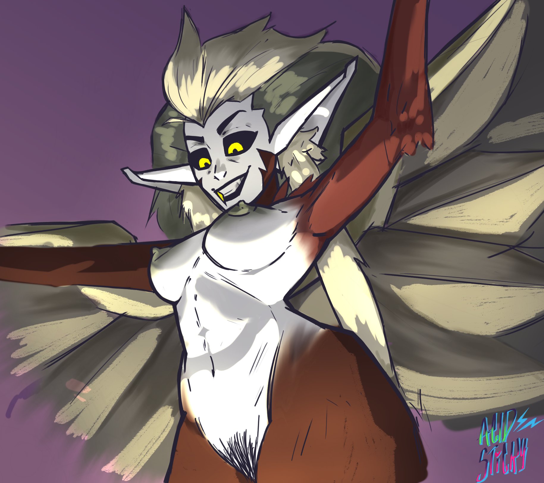 2021, acidsticky, animal humanoid, avian, avian humanoid, black sclera, breasts, disney, disney channel, eda clawthorne, european mythology, feathers, female, greek mythology, harpy, harpy eda, hi res, humanoid, mature female, monster girl, mythological avian, mythology, nipples, pubes, red body, red feathers, solo, straight hair, the owl house, yellow eyes