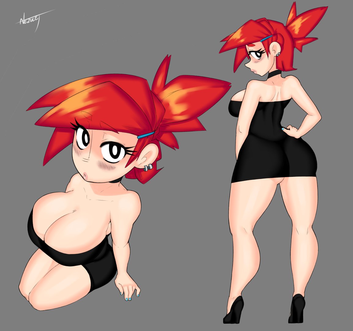 1girls, ass, big breasts, blush, breasts, cartoon network, cleavage, dress, female, female only, foster's home for imaginary friends, frankie foster, heels, looking at viewer, looking back, looking up, miniskirt, nezulet, red hair, redhead, skirt, tagme, thick thighs, thighs, tight clothing, tight dress, tight fit, tight skirt, top view, white skin