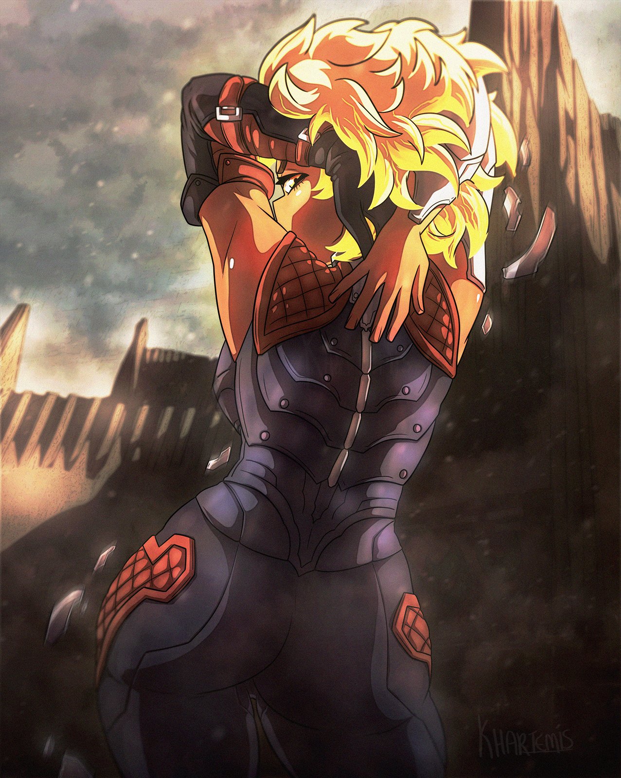 1girls, armor, ass, big ass, blonde hair, clothed, clothed female, dark skin, dark-skinned female, female, khartemis, league of legends, looking at viewer, looking back, orange eyes, rell (league of legends), riot games, solo, solo focus, steam, two-tone hair