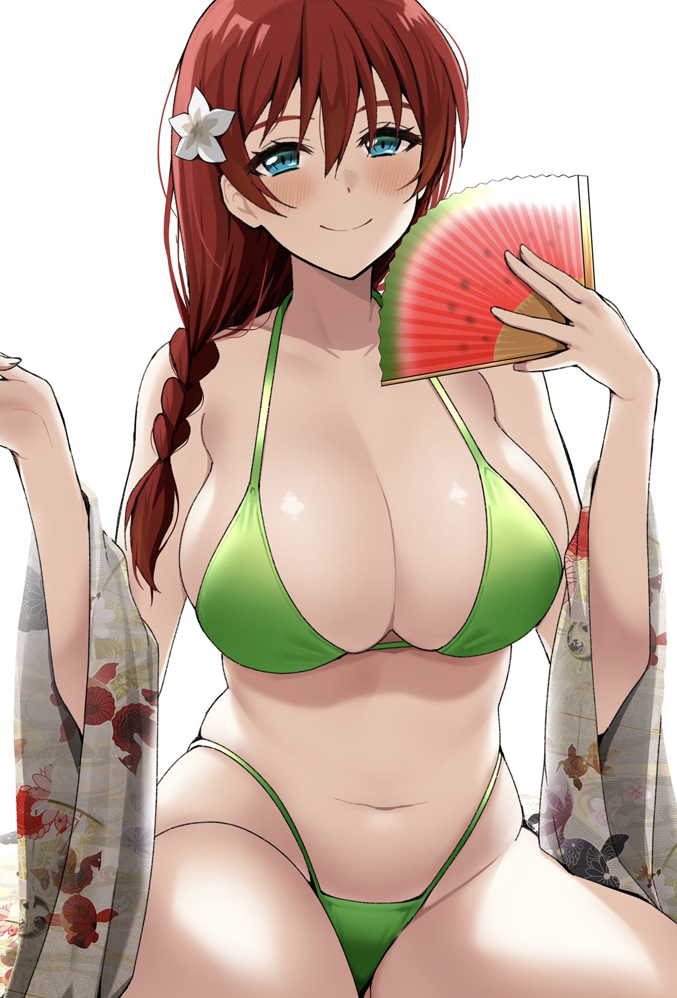 1girls, bikini, blue eyes, blush, breasts, emma verde, fan, female, female only, flower in hair, huge breasts, japanese clothing, love live!, love live! nijigasaki high school idol club, massive breasts, red hair, smile, solo, thick thighs, white skin