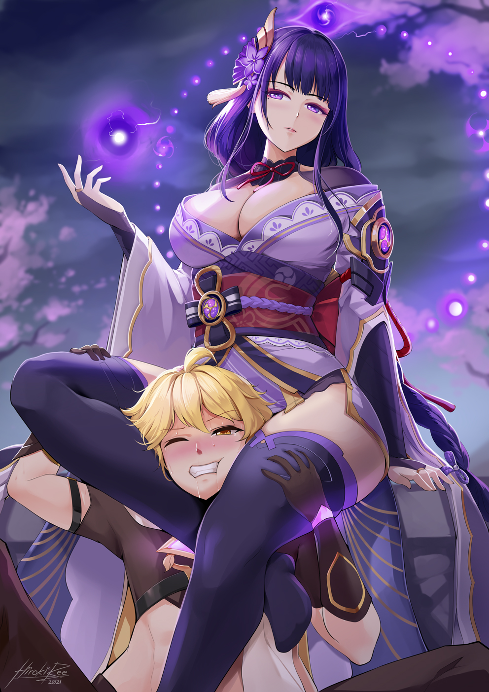 1boy 1girls aether_(genshin_impact) asphyxiation between_legs between_thighs blonde_hair blush busty choking cleavage clenched_teeth clothing defeated feet female femdom footjob genshin_impact headscissor headscissors hi_res hiroki_ree implied_footjob kimono large_breasts looking_at_viewer male malesub midriff mole mole_under_eye one_eye_closed purple_eyes purple_hair raiden_shogun sandwiched scissorhold sitting sitting_on_person spread_legs straight sweatdrop sweating thick_thighs thighhighs thighs