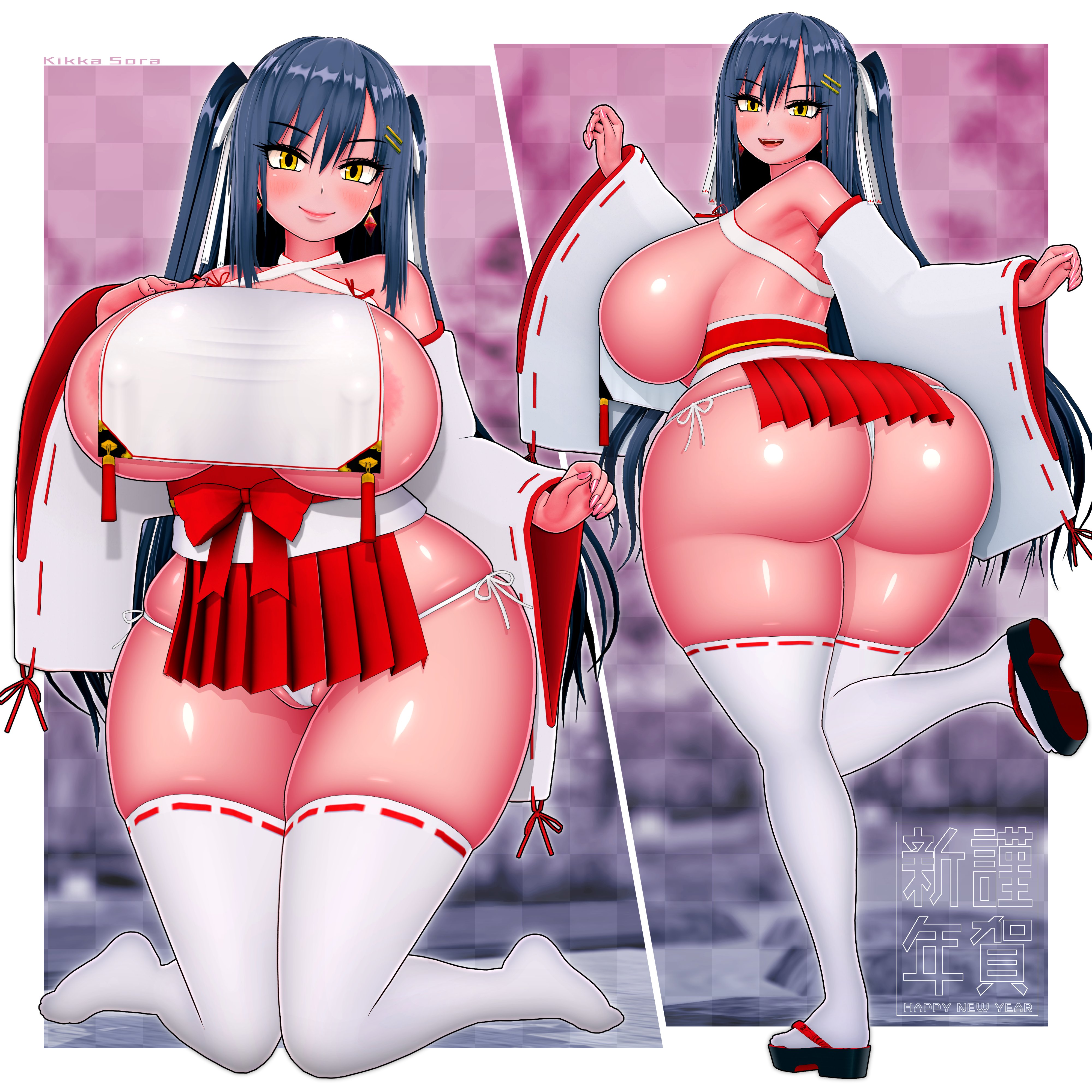 1girls, black hair, breasts, female, huge breasts, kikka sora, plump, plump ass, plump lips, sandals, shrine maiden, stockings, yazima ayumi, yellow eyes